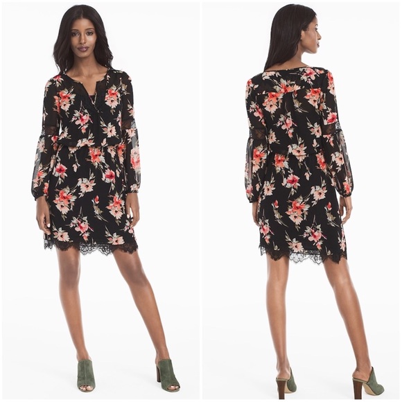 White House Black Market Dresses & Skirts - WHBM LONG-SLEEVE LACE INSET FLORAL PRINT DRESS